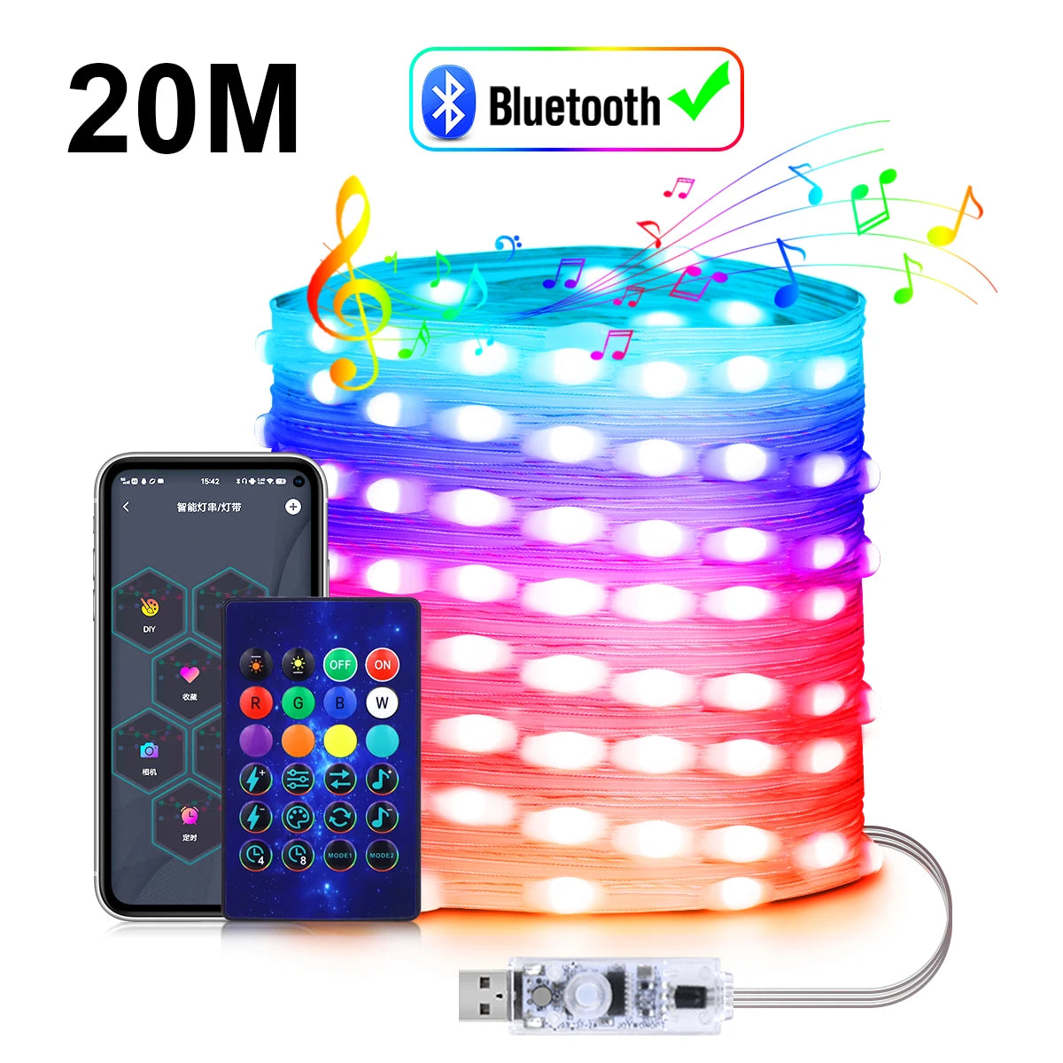 Programmable USB 5V LED Sting Lights WS2812 RGBIC Bluetooth APP Control Fairy Light DIY Room Garden Garland Christmas Tree Decor