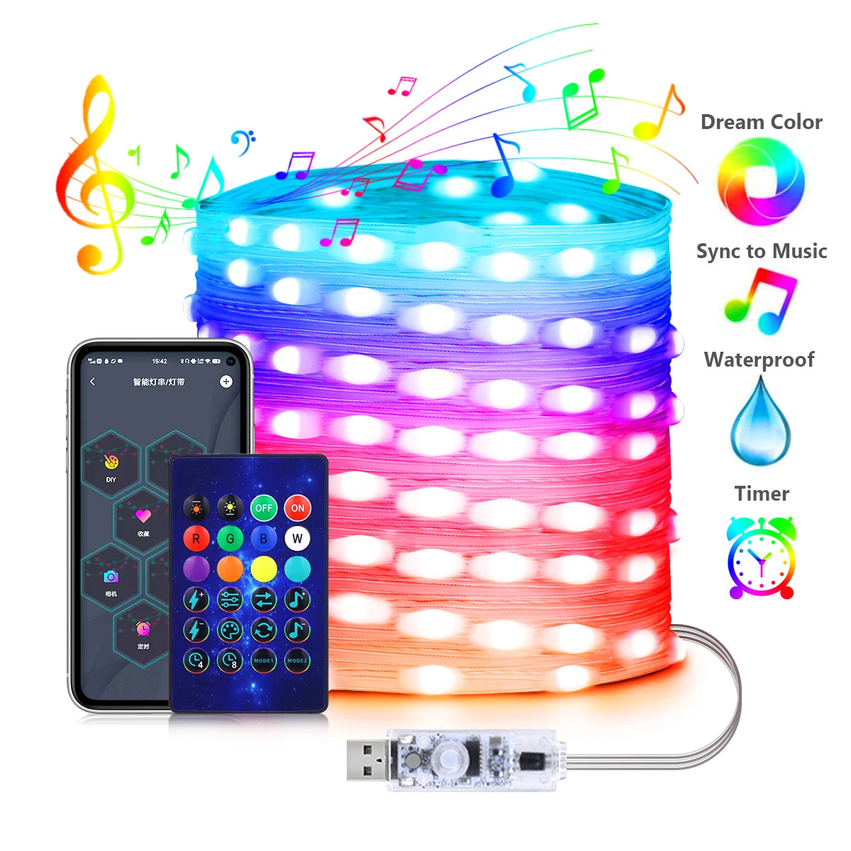 Programmable USB 5V LED Sting Lights WS2812 RGBIC Bluetooth APP Control Fairy Light DIY Room Garden Garland Christmas Tree Decor