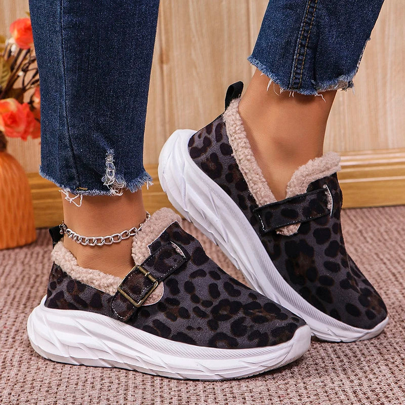 Fashion Leopard Print Wedges Sneakers Women's Faux Wool Lined Thick Sole Sport Shoes Winter New Shallow Running Shoes Mujer