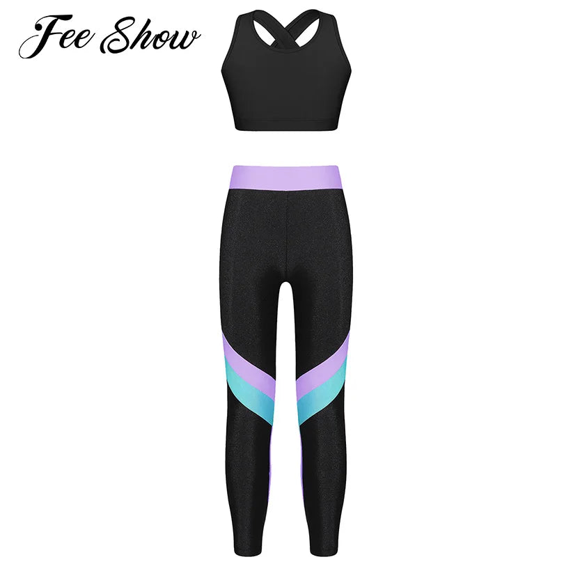 Teenager Girls Yoga Sets Sports Outfit Children Sportswear Activewear Sleeveless Skinny Crop Top with Leggings for Running Gym