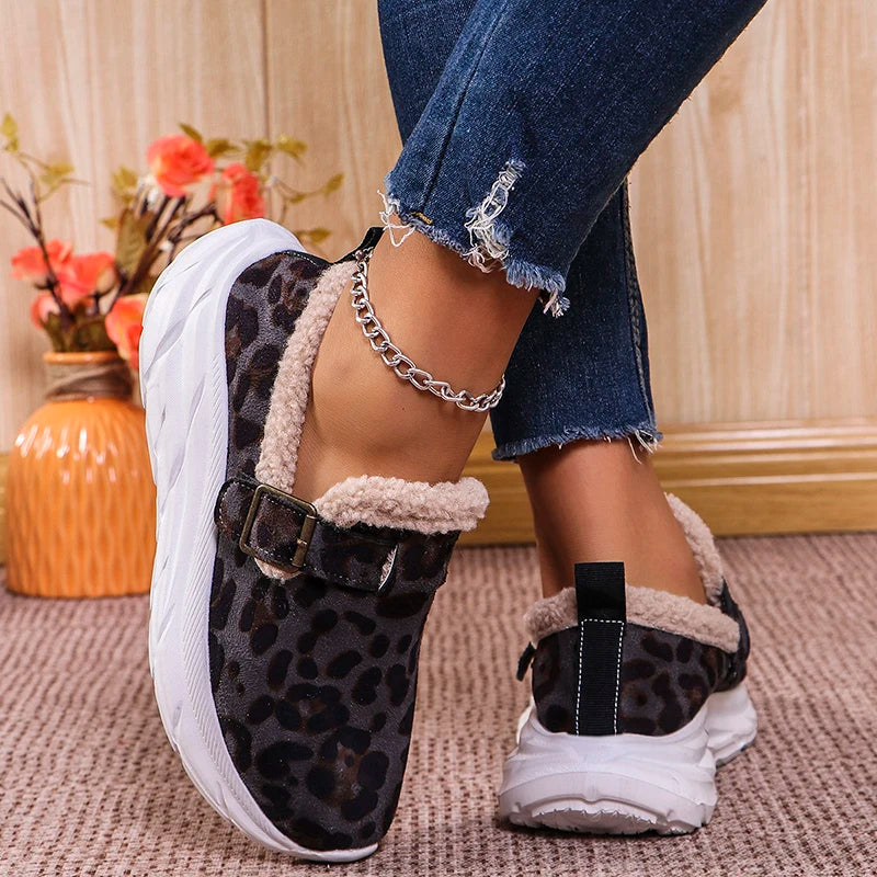 Fashion Leopard Print Wedges Sneakers Women's Faux Wool Lined Thick Sole Sport Shoes Winter New Shallow Running Shoes Mujer